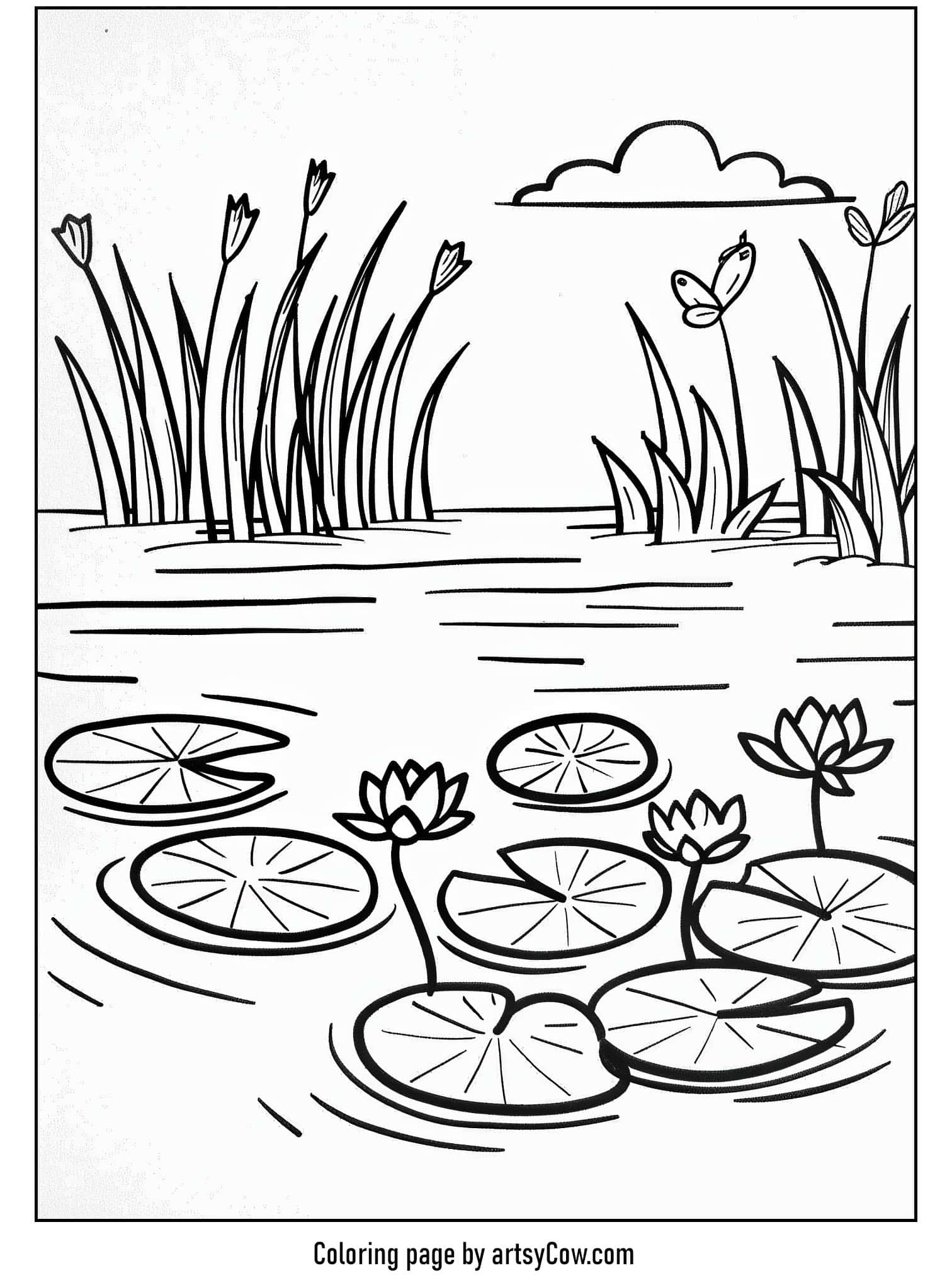 serene pond, lilies, and playful dragonfly